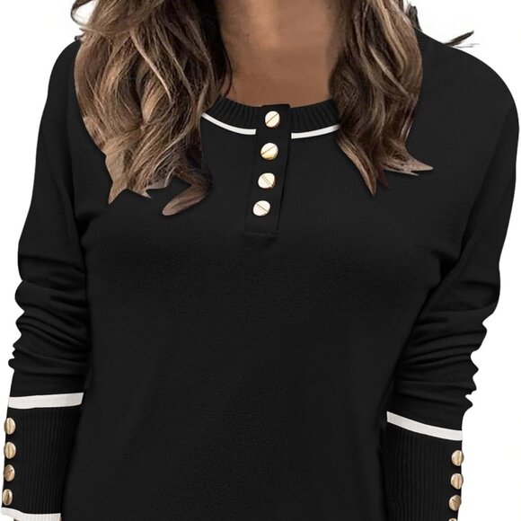 Sweaters for Women Long Sleeve Tops Crew Neck Knit Pullover Tops Button Womens F - Picture 1 of 5